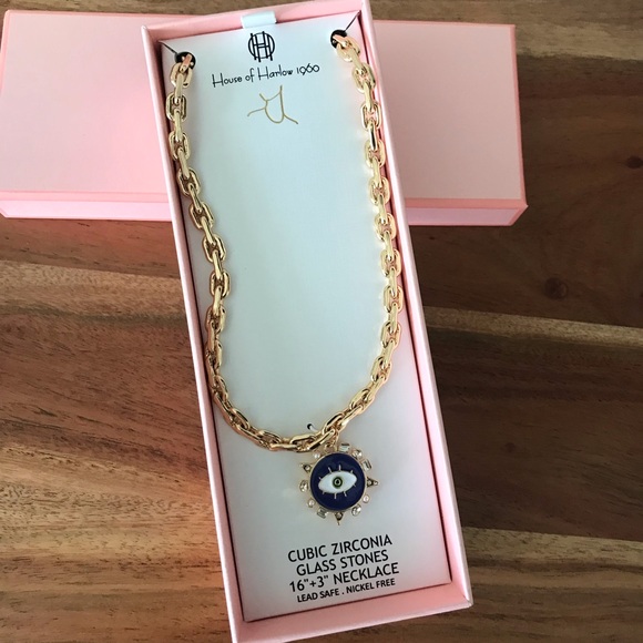 House of Harlow 1960 Gold Necklace with Blue Evil Eye Pendant - Picture 1 of 5